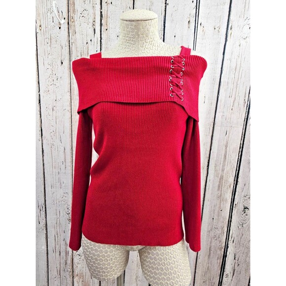ALK Women's M Tribekka 4 Ribbed Off Shoulder Lace Up Detail Pullover Sweater NEW - Picture 2 of 11
